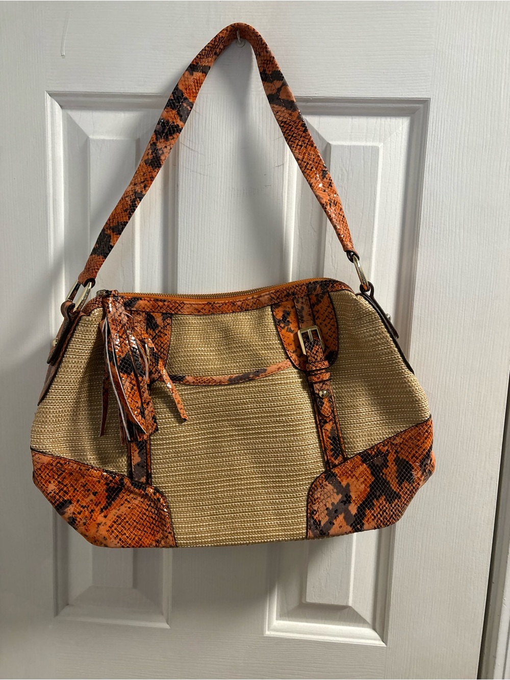 B. Makowsky Woven Straw & Orange Snakeskin Leather Shoulder Bag - EUC